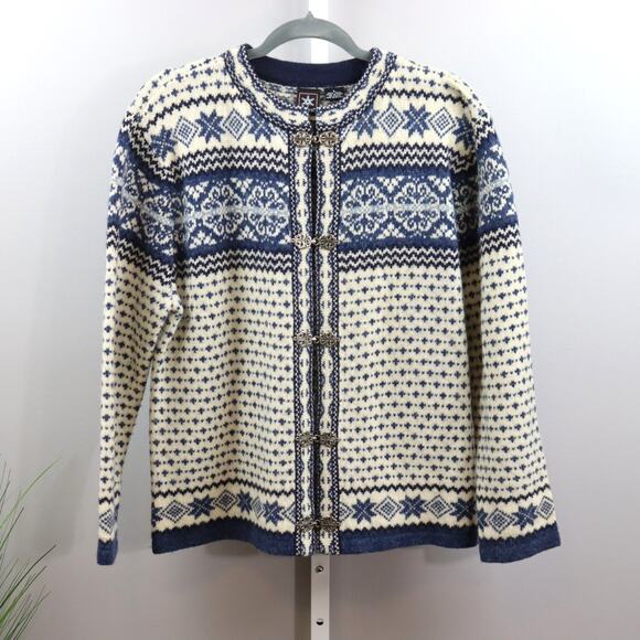 SKYR Wool Nordic Cardigan Sweater Blue White Norway Style Size L - Picture 1 of 3